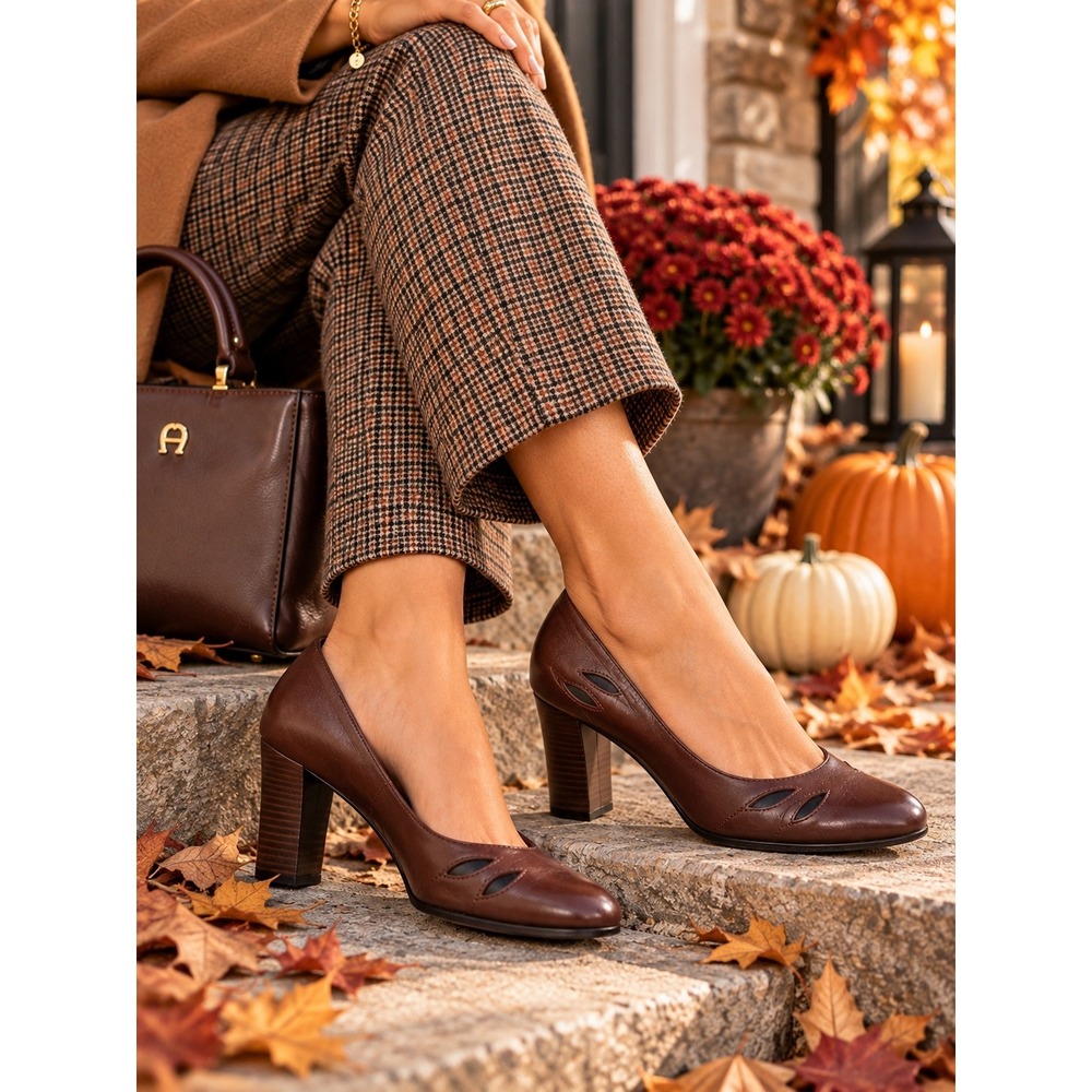 Vintage Etienne Aigner Brown Leather Pumps 7.5M Cutout Block Heel 90s